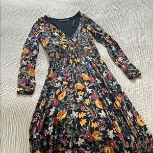 Floral V-Neck Long Sleeve Maxi Dress - Black with Yellow & Pink Flowers